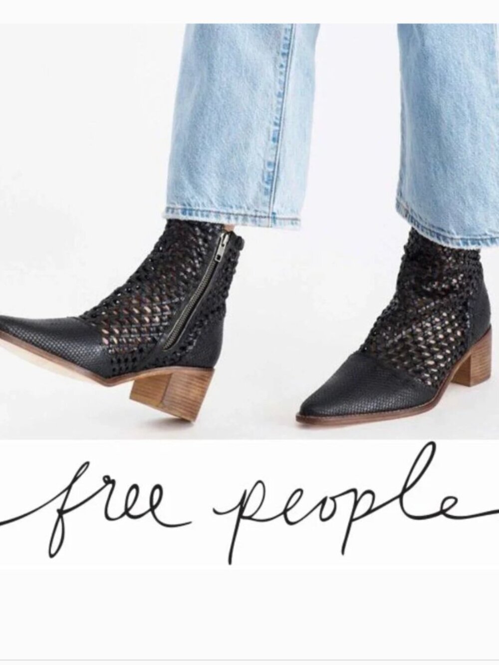 Free People In the Loop Ankle Boots Heeled Woven Braided Leather Black Size 8
